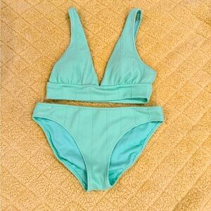 Aerie Crinkle Longline Plunge Triangle Bikini top in mist green w/bottoms